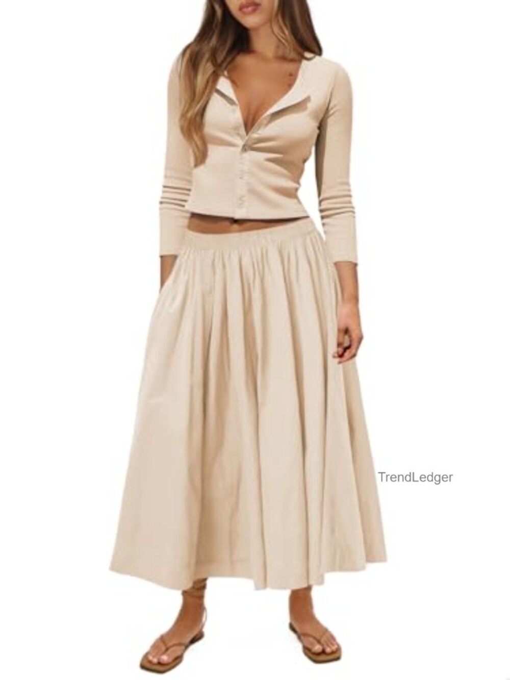 Women's 2 Piece Skirt Set Ribbed Knit Button Down Cardigan Midi Skirt Fall